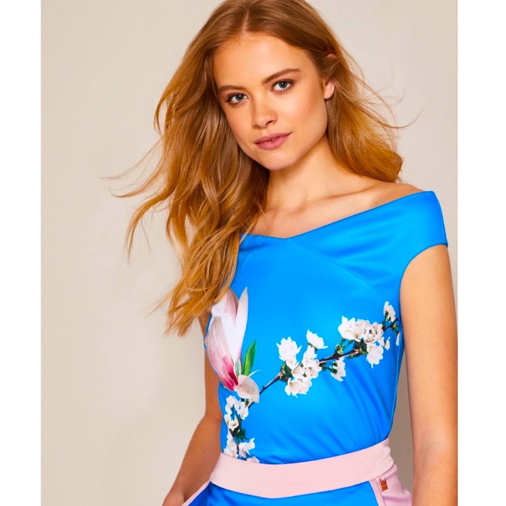 TED BAKER London Bright Blue Floral Amandla Harmony Pleated Bardot Top Sz 4 (10)